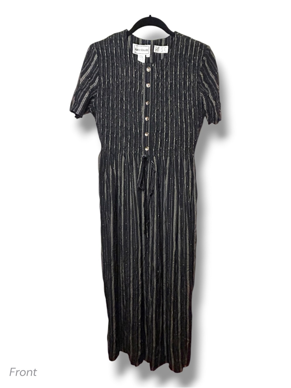 Vintage Karin Stevens Black & Silver Rayon Smocked Button Flowy Maxi Dress 10